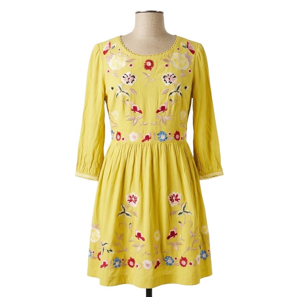 NWT French Connection Saya Crepe Floral Embroidered Yellow Dress Sz 4